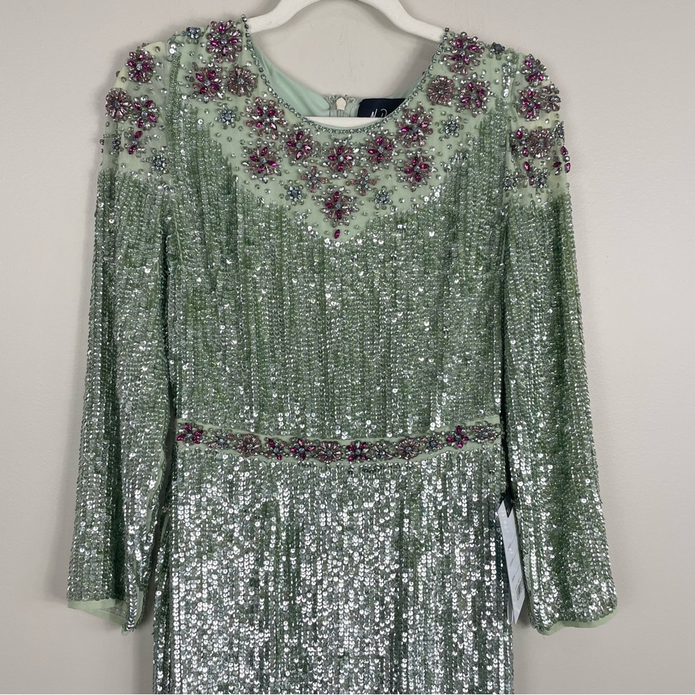 Mac Duggal Floral Beaded Dress Women 4 Sequins Tea Length Sage Green Long Sleeve - Picture 6 of 13